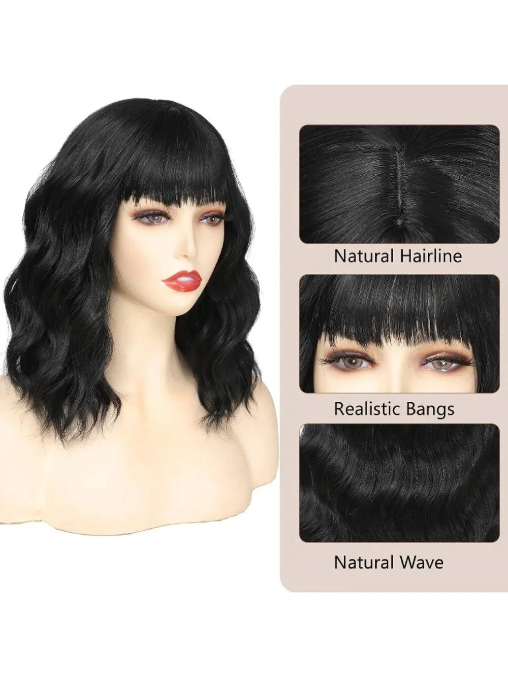 Women's Black 14 Inch Heat Resistant Short Wavy Hair Pastel Bob Wig Bangs